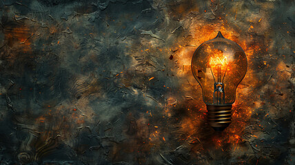 Poster - The warm glow of a light bulb pierces the darkness, casting light on a distressed textured wall. Sparks and an amber hue create a striking contrast in this artistic composition. Copy space
