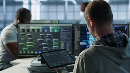 Poster - computer scientist in data center uses artificial intelligence neural networks doing computing proce