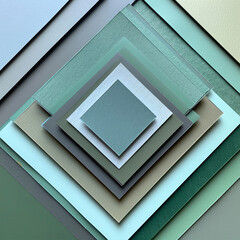 Poster - A collection of green and teal textured paper sheets is layered to create a visual geometric effect. The papers vary in size and texture, forming a harmonious arrangement of colors.
