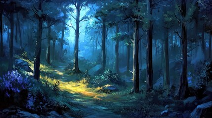 Wall Mural - a serene forest scene with soft light filtering through trees, creating a tranquil atmosphere.