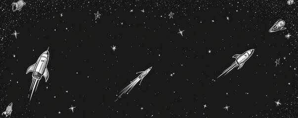 Wall Mural - a black and white illustration of rockets traveling through a starry space backdrop.
