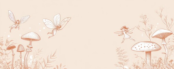 Wall Mural - a whimsical illustration featuring fairies and mushrooms in a serene, nature-inspired scene.