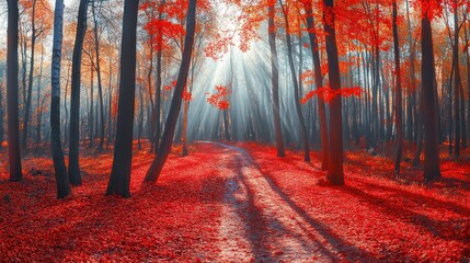Wall Mural - a serene forest scene with vibrant red foliage and soft sunlight filtering through the trees.