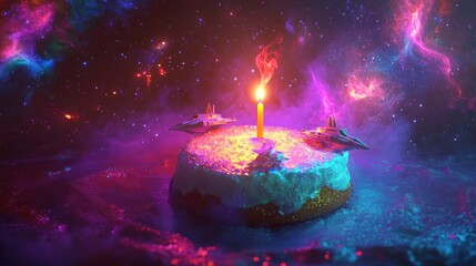 Wall Mural - a cosmic-themed cake with a candle and spaceship decorations in a vibrant galaxy setting.