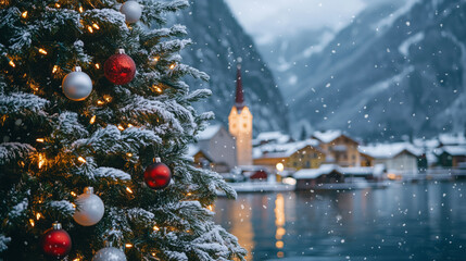 Close-up image of Christmas tree with white and red ornaments in the background of a lakeside mountain village panorama