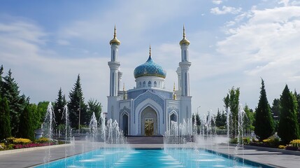 A vibrant and scenic view of Almaty, showcasing its stunning skyline against the backdrop of the majestic Tian Shan mountains. This bustling city is known for its rich history, diverse culture, 