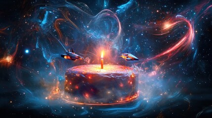 Wall Mural - a cosmic birthday cake surrounded by stars and spaceships, celebrating in a galactic theme.