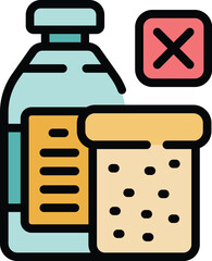 Poster - Simple outline color icon of a plastic bottle and bread with a cross mark symbolizing non biodegradable waste