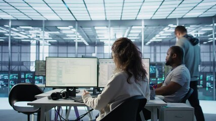 Poster - system admin working in diverse computer network security data center workplace, ensuring optimal pe