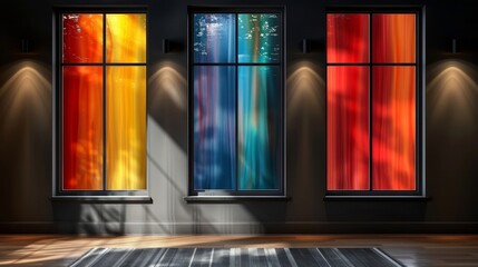 Poster - Sunlight streams through three stained glass windows, casting colorful beams of light across a modern space. The interplay of colors creates an inviting and serene atmosphere inside the room.