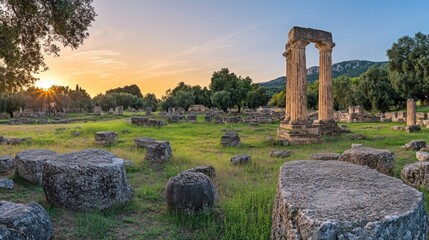 Ruins of an ancient Greek temple with two pillars standing tall against a vibrant sunset sky.