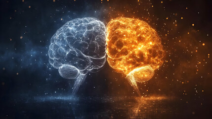 Abstract 3D Illustration of Two Brains with Sparkles