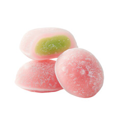 Colorful mochi sweets with a vibrant filling, white isolate background