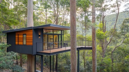 Poster - Modern Treehouse Cabin Nestled Amidst Lush Green Forest