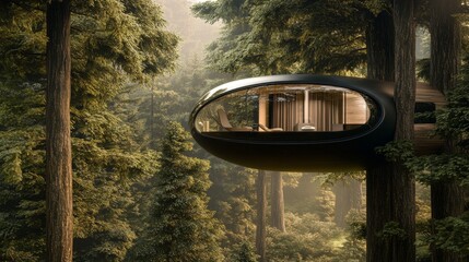 Poster - Modern Treehouse in a Misty Forest