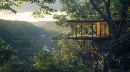 Poster - Modern Glass House Perched on a Cliffside Overlooking a Valley