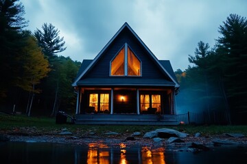 Poster - Abandoned cabin in the woods with broken windows and dim light, surrounded by mist, capturing the isolation and dark allure of horror in remote settings, symbolizing mystery and dread