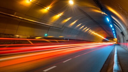 Illuminated Tunnel with Light Trails of Vehicles in Motion