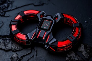 Aufkleber - Futuristic handcuffs with digital lock display and sleek, high-tech design, symbolizing advanced security and precision, capturing modernity and authority