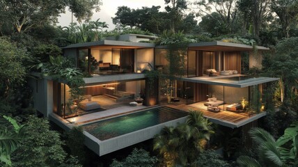 Poster - Modern Jungle House with Infinity Pool and Lush Greenery