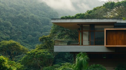 Poster - Modern Architecture Nestled Amidst Lush Greenery and Misty Mountains