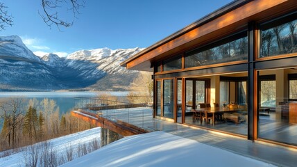 Poster - Modern Wooden House with Stunning Mountain and Lake Views