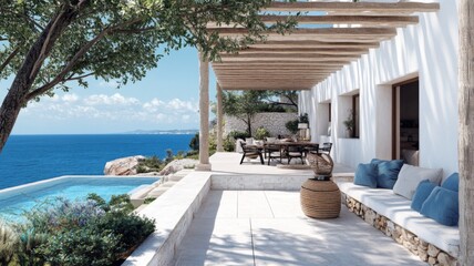 Poster - A Mediterranean Villa Patio with Ocean Views and a Swimming Pool