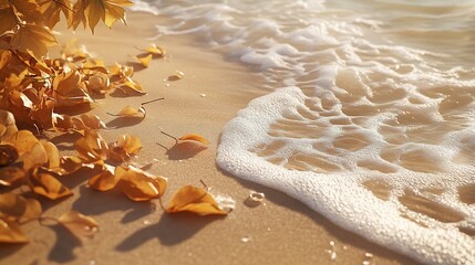 Poster - Golden leaves on sandy beach with foamy wave edge.