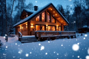 Poster - Snow falling on a picturesque wooden cabin in a snowy forest, with light coming from the windows, capturing warmth and quiet beauty, symbolizing comfort and seclusion