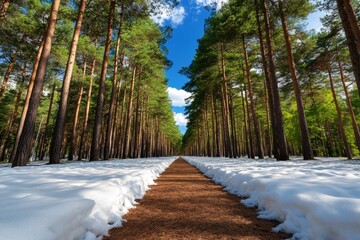 Poster - Snowfall in a pine forest with soft light filtering through trees, capturing the quiet, majestic beauty of winter landscapes, symbolizing serenity and depth