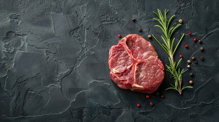 Organic beef or lamb on a dark surface with copy space, top view.