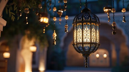 Poster - Elegant lantern with Islamic motifs, soft lighting, beads arranged delicately for Eid Mubarak celebration