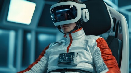 Poster - A futuristic scene shows a person in a high-tech helmet and suit, seated in a sleek spacecraft cockpit, immersed in a virtual experience.