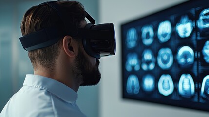 Poster - A researcher uses VR technology to analyze brain scans, merging cutting-edge innovation with medical imaging for enhanced diagnostics.