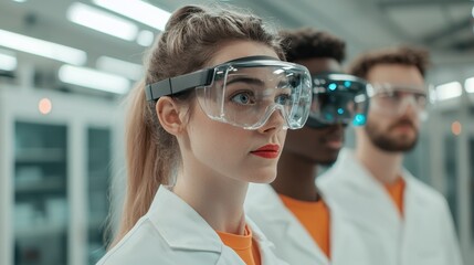 Poster - A focused group of scientists in lab coats and protective eyewear, engaged in research, highlighting diversity and innovation in a modern laboratory setting.