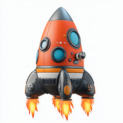 A colorful rocket ship with a sleek design and fiery thrusters launching into space.