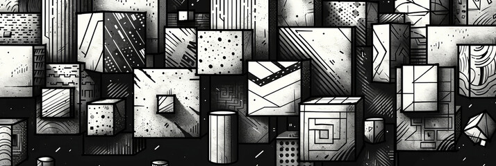 Poster - An assortment of gray geometric shapes features various sizes and intricate patterns, creating a striking visual effect. The composition highlights the interplay of light and shadow among the forms.