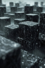 Poster - A dense arrangement of dark cubes emerges from a misty backdrop, with snowflakes gently falling around. The scene conveys a mysterious atmosphere, blending geometric shapes with nature.