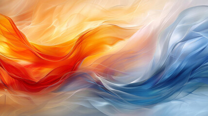 Poster - Soft flowing waves of orange and blue intertwine gracefully, creating a soothing visual effect. The gentle blend of colors evokes a sense of calm and tranquility, perfect for artistic inspiration.