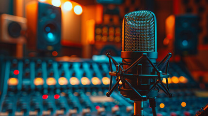 Close up of high end studio microphone in vibrant recording studio, showcasing intricate details and professional setup that enhance sound quality and creativity