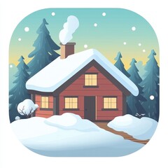 A charming winter cabin icon, perfect for holiday-themed apps. This illustration captures the essence of winter with snow, a cozy chimney, and pine trees.