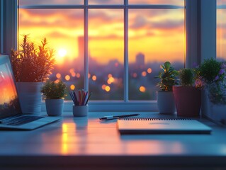 Poster - A serene workspace with a laptop and plants, overlooking a sunset cityscape.
