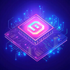 Isometric AI chip hologram in the center of circuit board. Technology blue background. Electronics and Computer concept. Artificial Intelligence neon light icon on circuit board. Vector illustration.