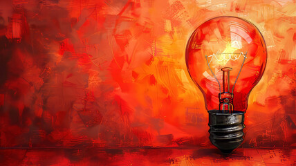 Poster - A bright red light bulb glows warmly against a vibrant orange and red textured background, creating an energetic and lively atmosphere that draws attention and sparks creativity. Copy space