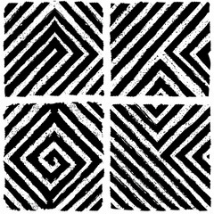Poster - Four distinct geometric patterns displayed in a square layout feature bold black and white diagonal lines, creating a striking visual effect that draws the viewer's attention.