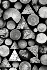 Poster - Various geometric shapes of wood and stone are arranged on a black background, showcasing intricate textures and natural details. The unique forms create a visually striking composition.