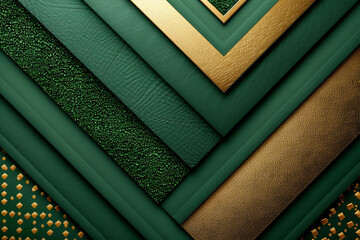 Poster - A vibrant arrangement of green and gold leather in various textures forms an abstract pattern, showcasing elegant layers that highlight the richness and depth of design elements.