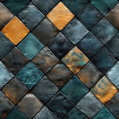 Poster - This artwork features a striking mosaic pattern of tiles in various shades of teal, black, and gold. The tiles are arranged in a diamond formation, showcasing a modern and artistic design.