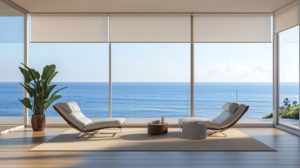 minimalist beach house living room with ocean view and lounge chairs