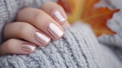 close-up of iridescent rose gold manicure, soft gray knit sweater sleeve, amber autumn leaf in background, warm natural lighting, macro photography